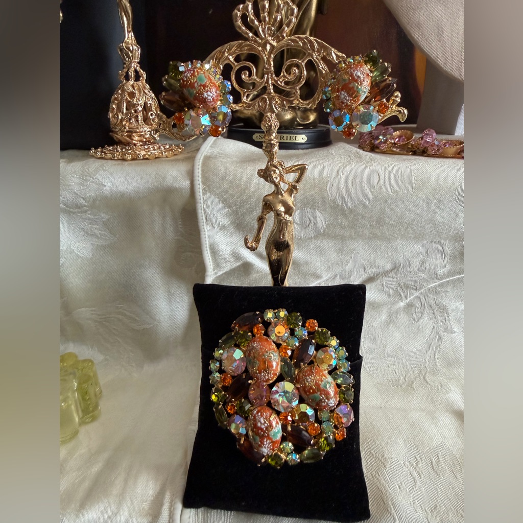 Juliana Vintage Easter Egg Multicolor Crystal Floral Brooch - Gold Tones